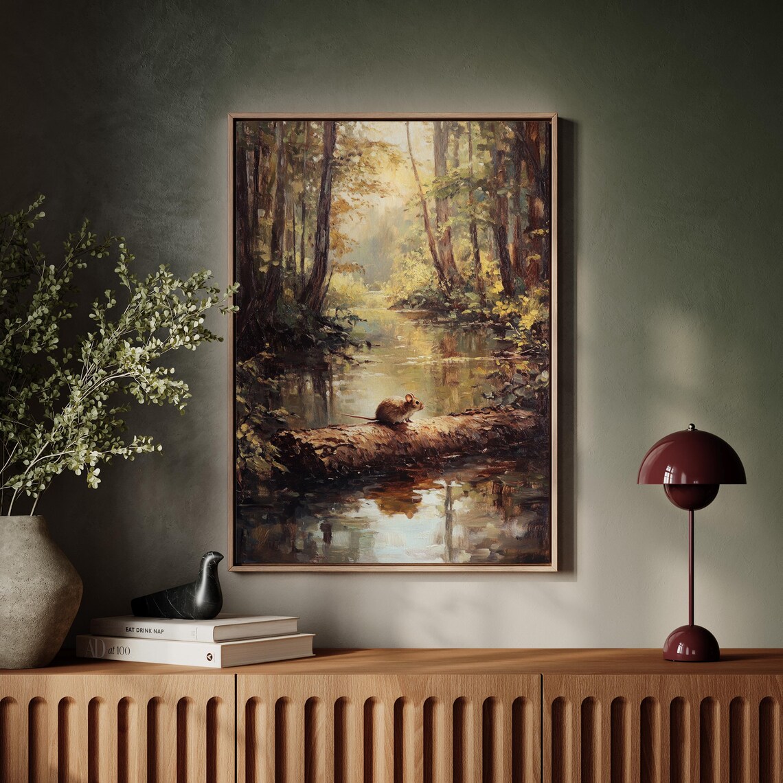 Woodland Mouse On Log, Tranquil Forest Reflection Art Print