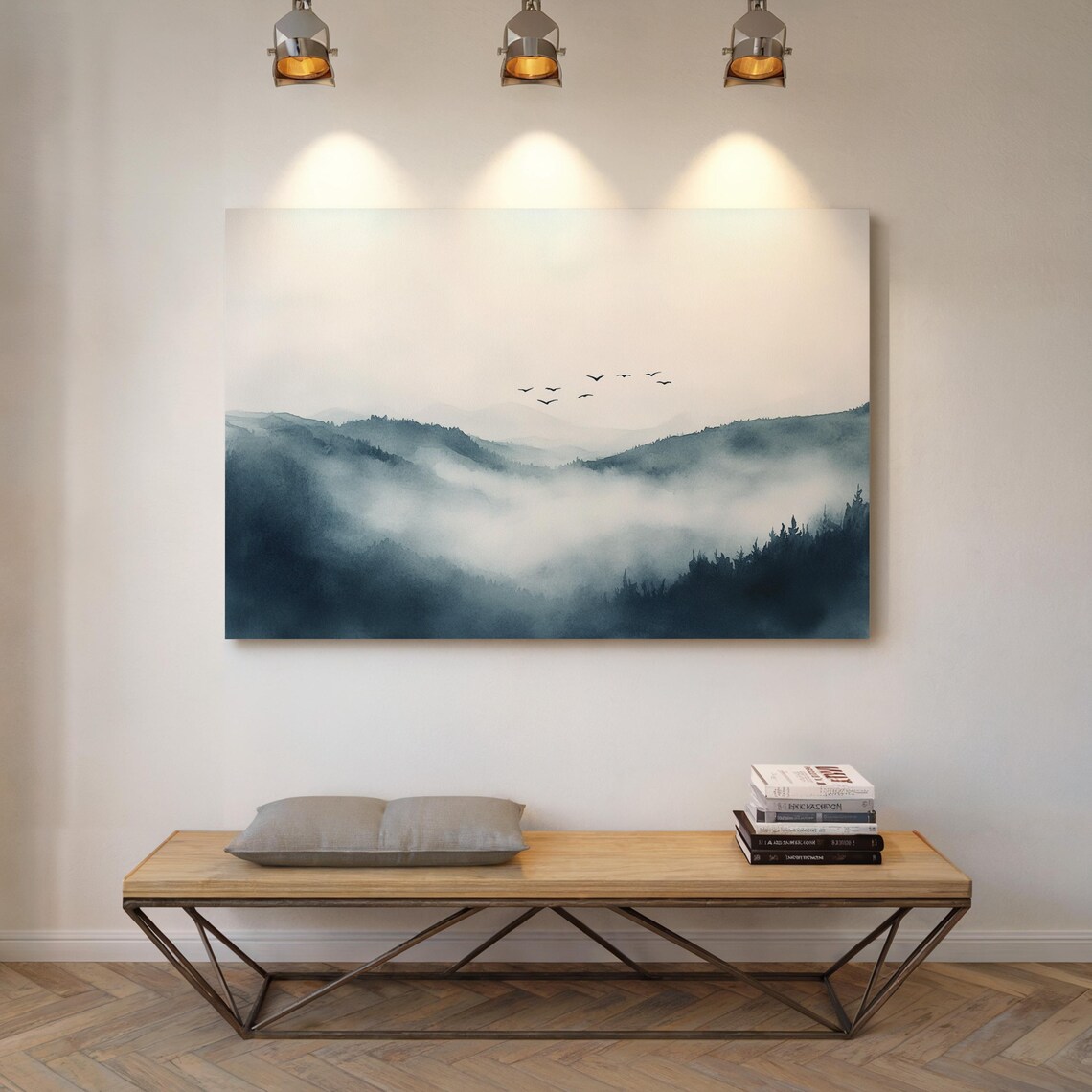 Misty Mountain Landscape With Flying Birds, Watercolor - Image 4