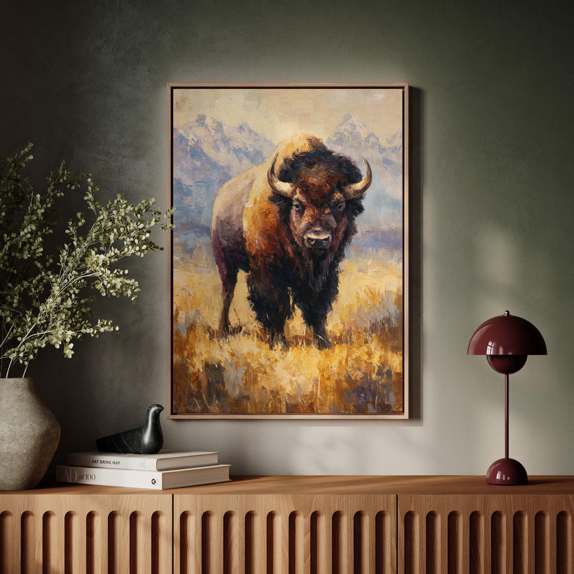 Wild Bison In Mountain Plains Oil Painting