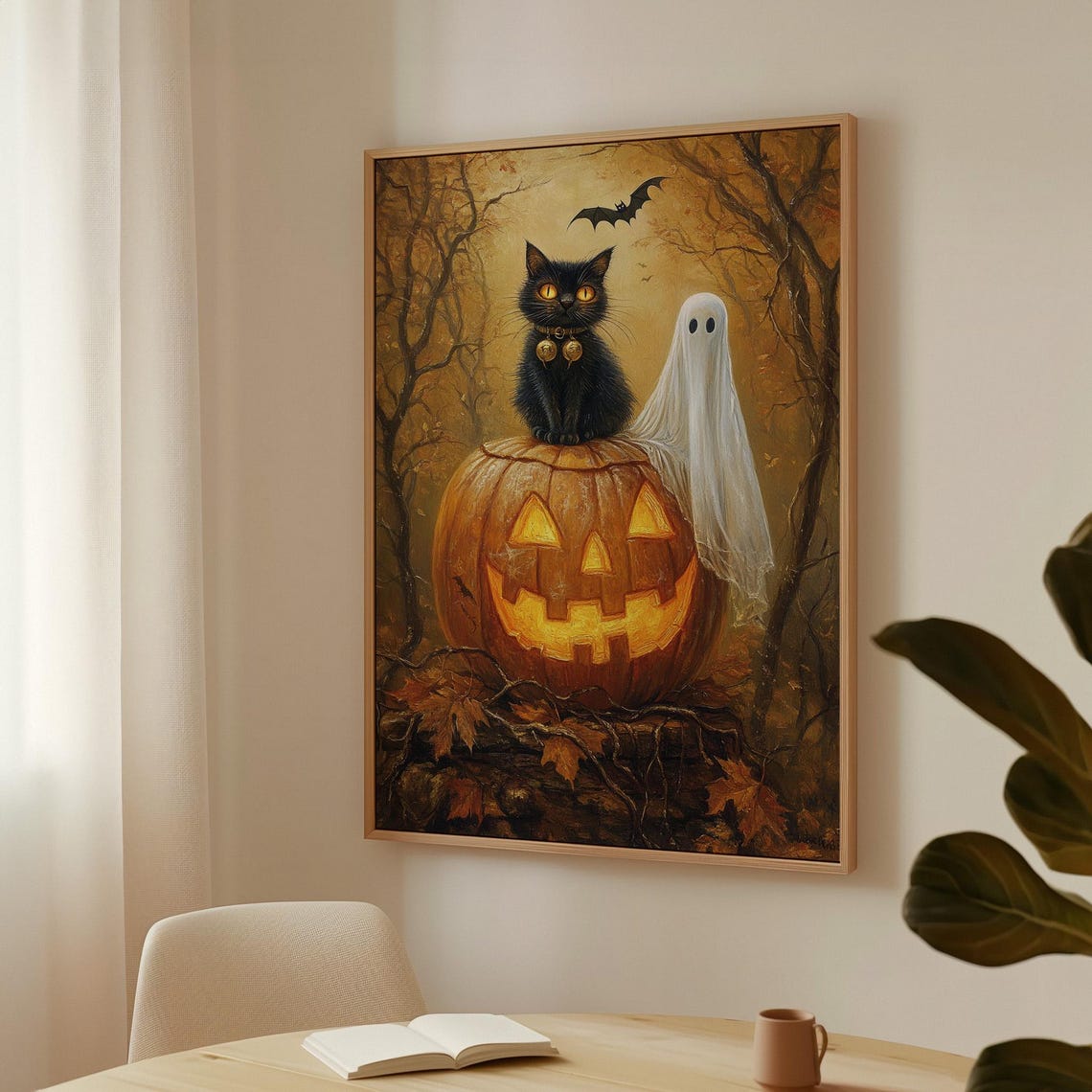 Halloween Black Cat Ghost Spooky Pumpkin Gothic Fall Decor Print