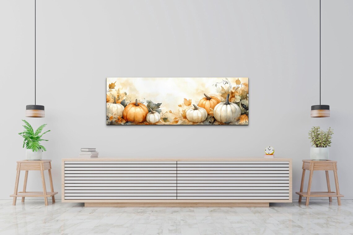Watercolor Pumpkins White Orange Gourds Autumn Leaves Art Poster - Image 3