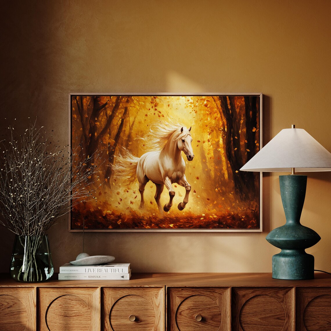 Majestic White Horse Galloping Golden Autumn Forest Equestrian Print - Image 2