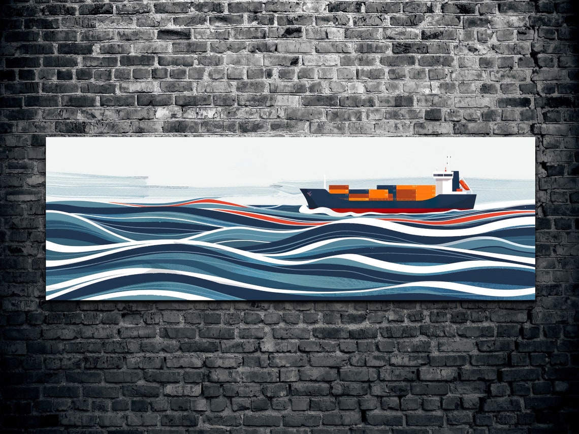 Bold Navy Cargo Ship Sailing Stylized Blue Waves Panoramic Poster - Image 2