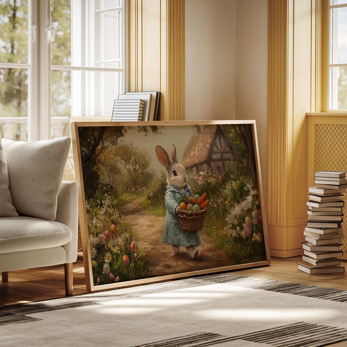 Bunny in Blue Coat Carrying Harvest Basket Toward Cottage Poster - Image 4