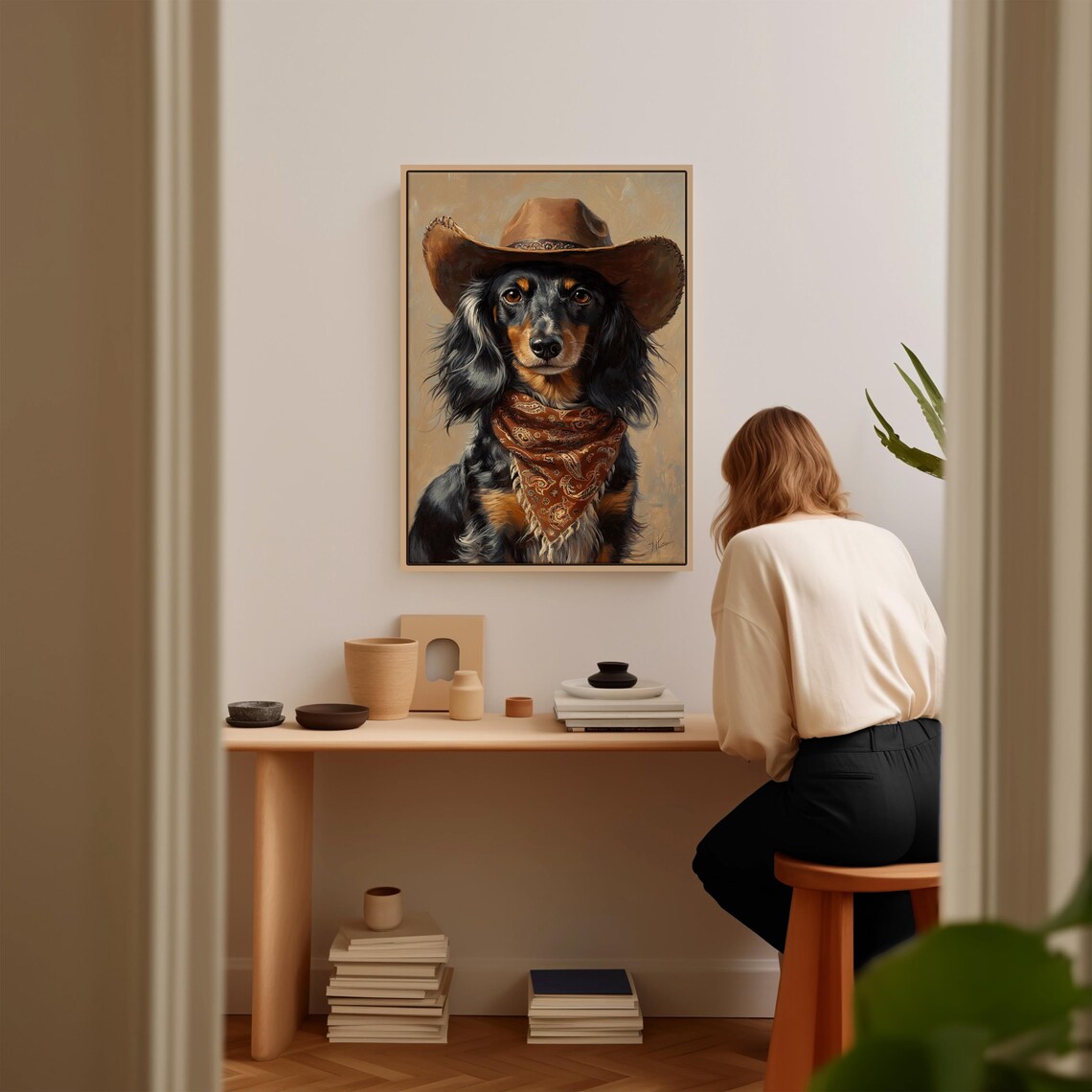 Cowboy Dachshund Western Dog Portrait, Rustic Art Print - Image 3