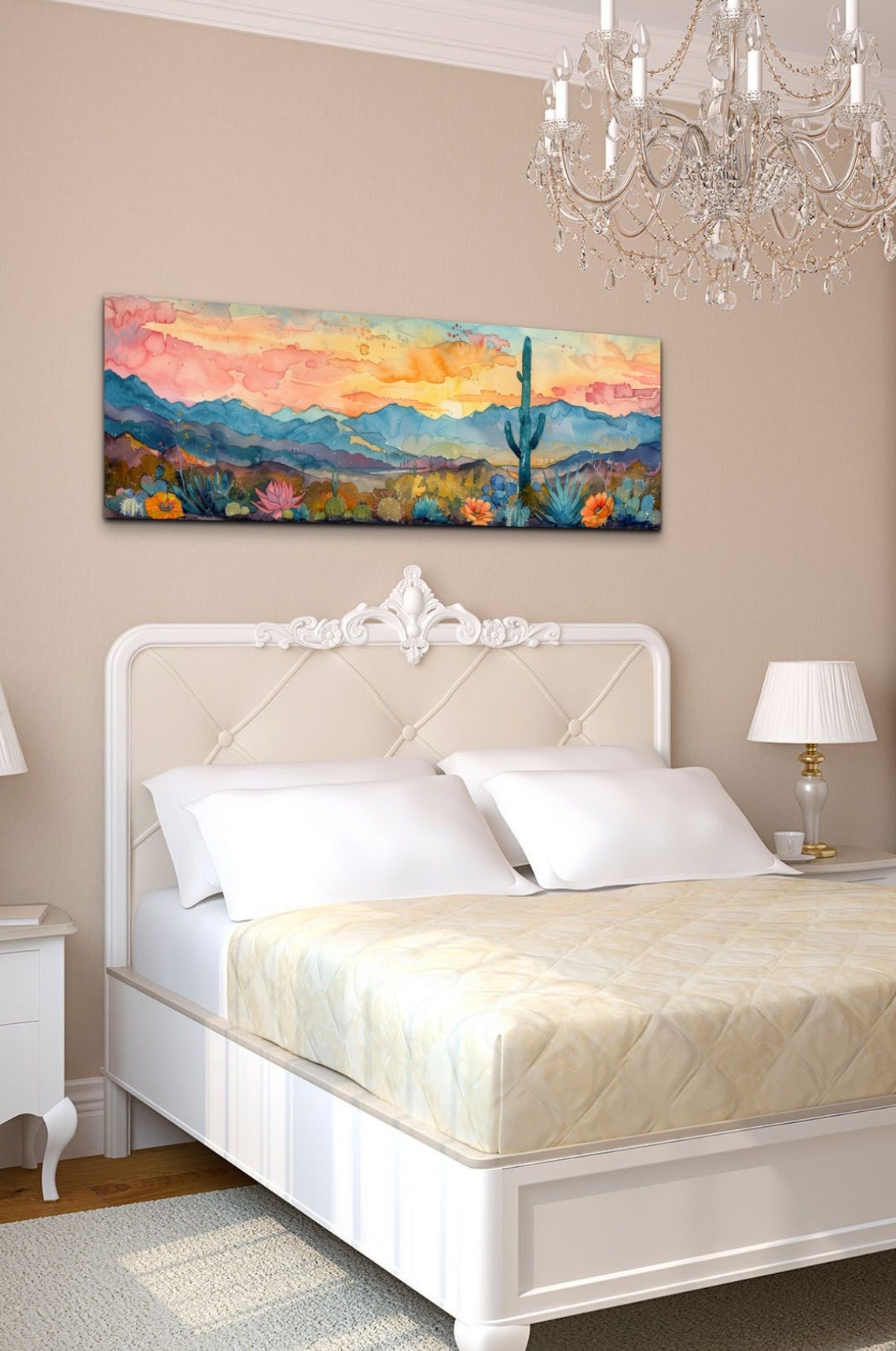 Desert Sunset Saguaro Cactus Wildflowers Watercolor Southwest Wall Art - Image 7