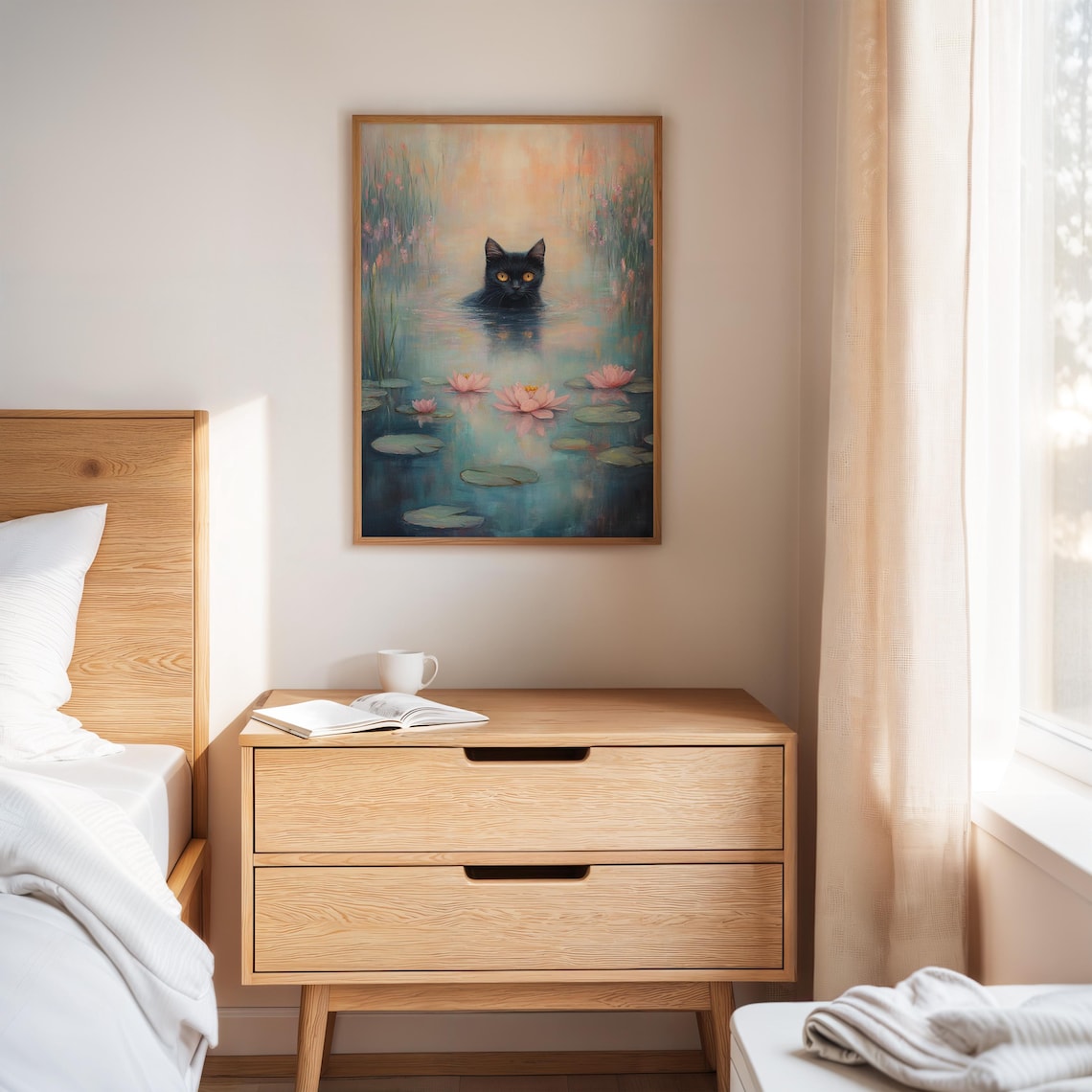 Black Cat Swimming In Water Lily Pond Mystical Feline Wall Art - Image 3