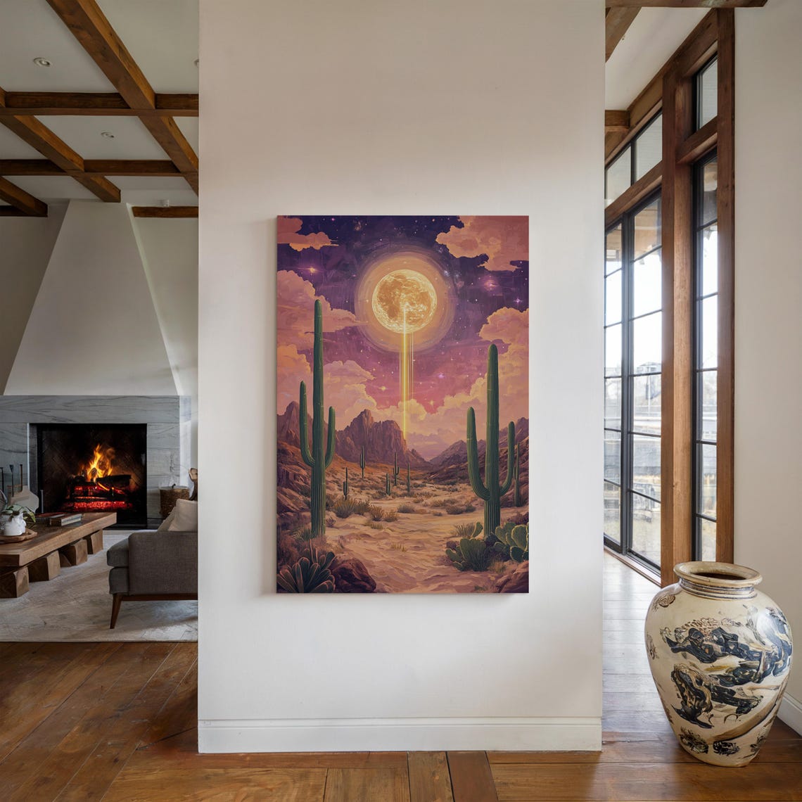 Surreal Cosmic Full Moon Beaming Over Desert Cacti Night Sky Poster - Image 4