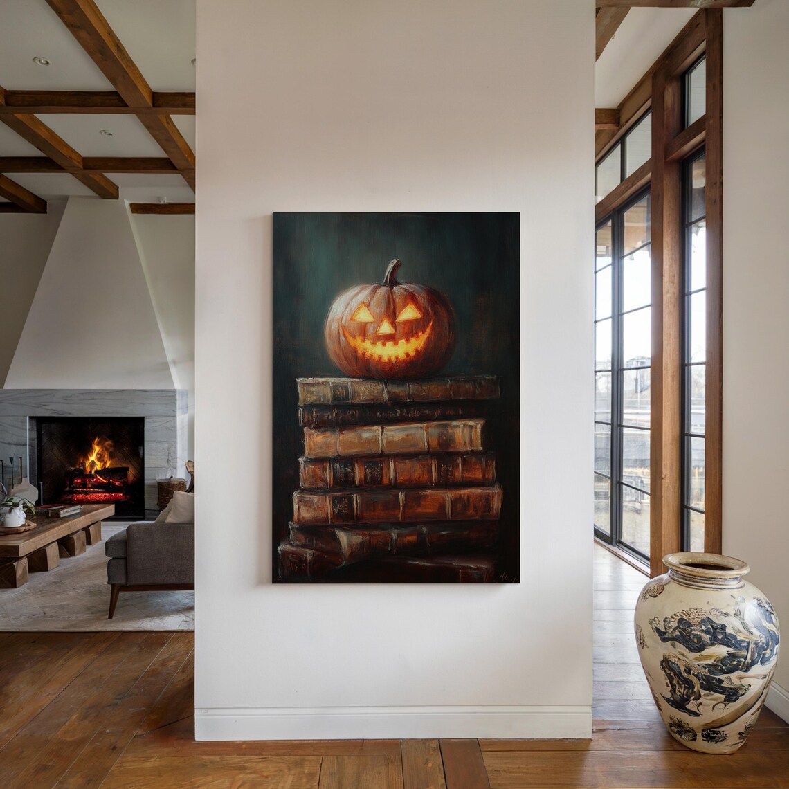 Carved Halloween Pumpkin Glowing on Old Vintage Books Poster - Image 4
