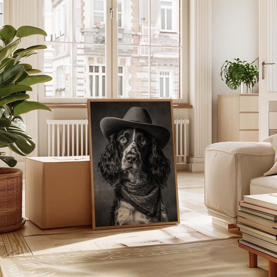 Spaniel Dog in Cowboy Hat and Bandana Western Pet Photo Poster
