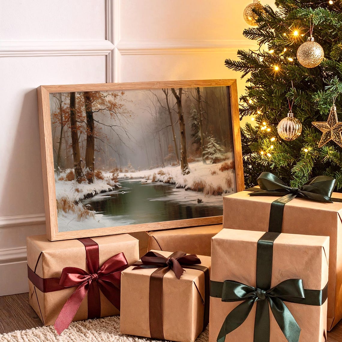 Snowy Forest River Winter Landscape Wall Art Muted Woodland Scene