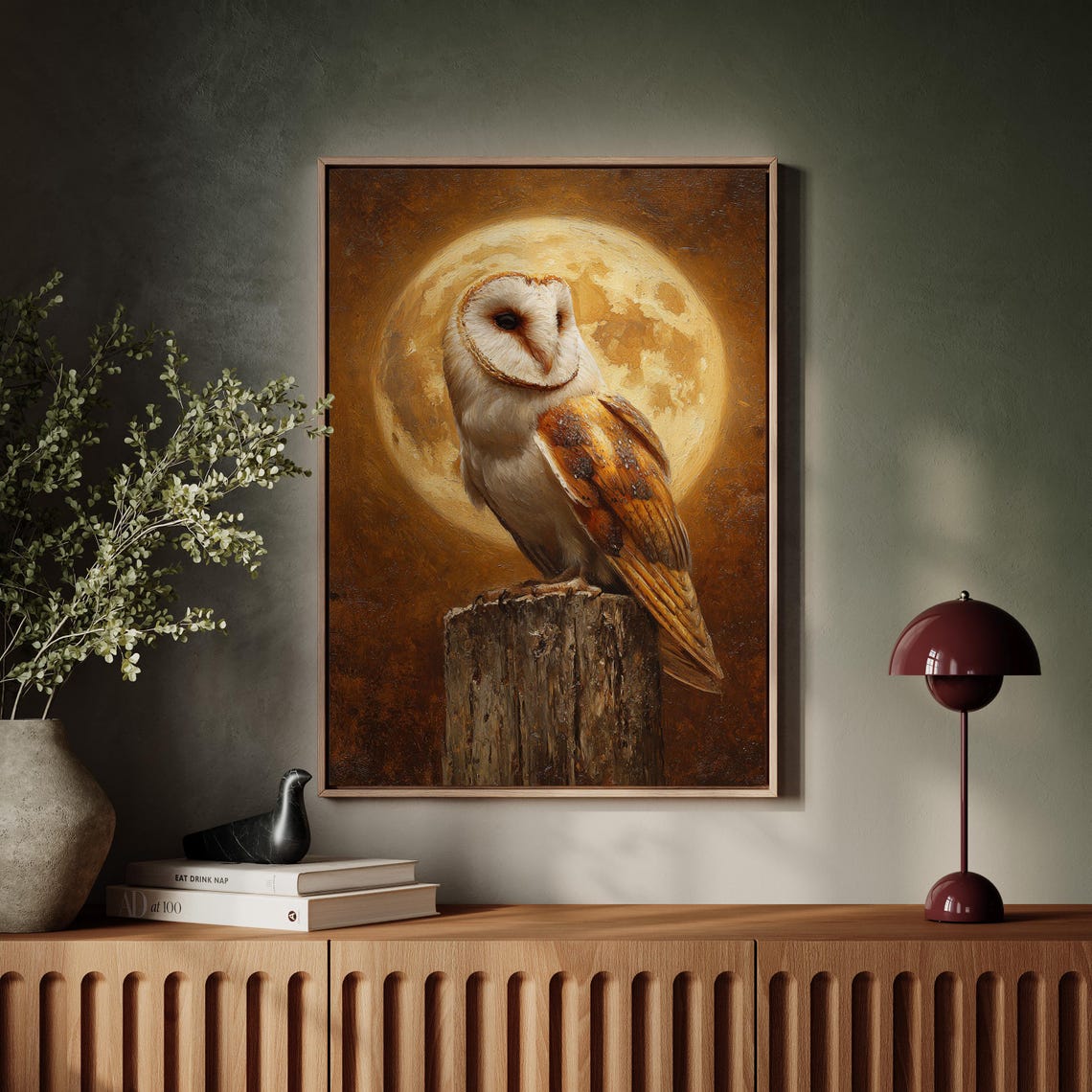 Barn Owl on Tree Stump Before Golden Full Moon Night Painting Poster