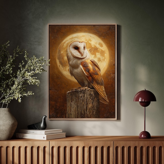 Barn Owl on Tree Stump Before Golden Full Moon Night Painting Poster