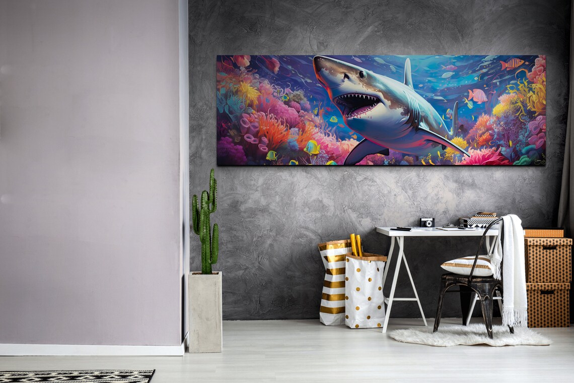 Great White Shark Coral Reef Vibrant Ocean Wildlife Art Poster - Image 7