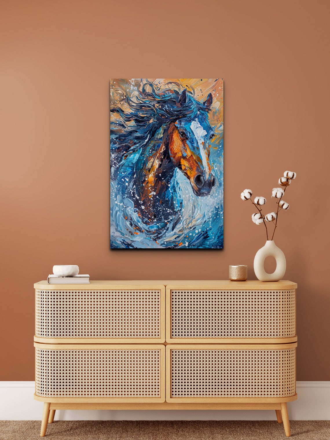 Dynamic Horse Head in Blue Orange Palette Knife Paint Swirl Poster - Image 7