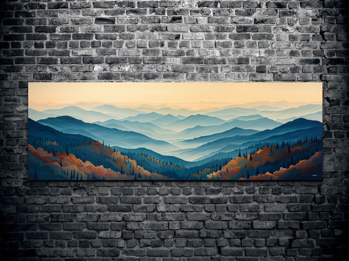 Blue Layered Mountain Ridges Misty Morning Panorama Wall Art - Image 2