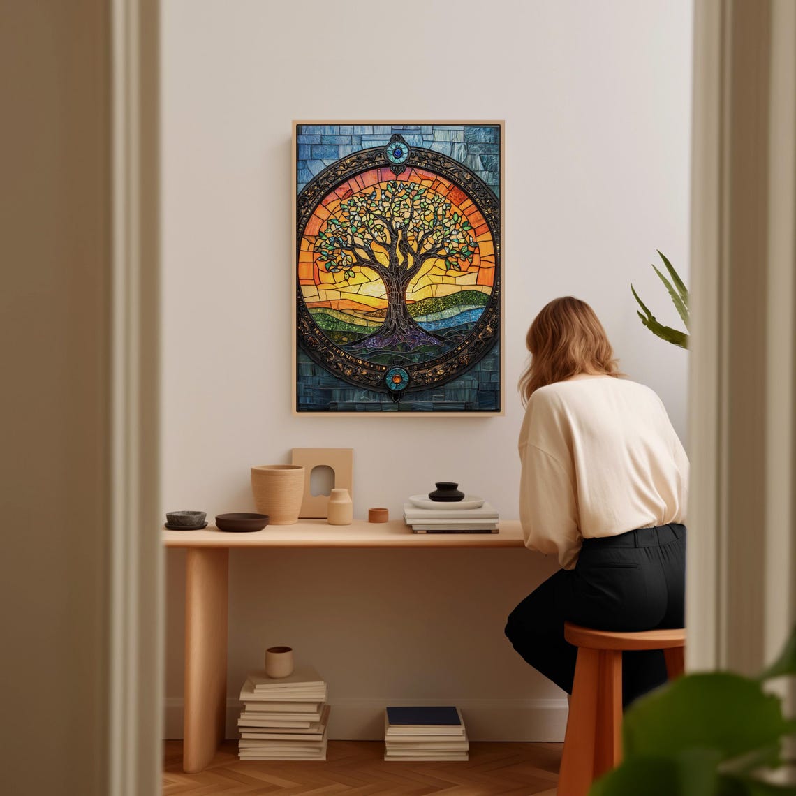 Stained Glass Tree Of Life In Ornate Round Frame Sunset Poster - Image 5