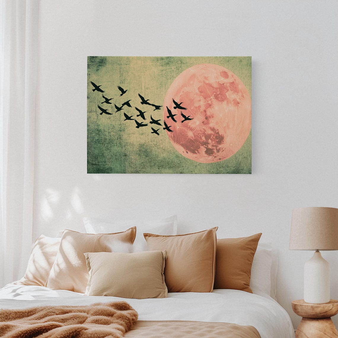 Pink Full Moon With Bird Flock Vintage Celestial Nature Poster - Image 2