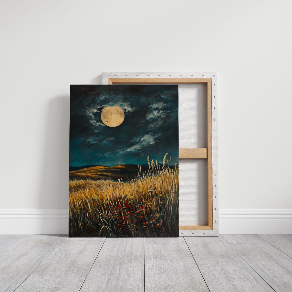 Golden Wheatfield Wildflowers Full Moon Cloudy Night Sky Poster - Image 3
