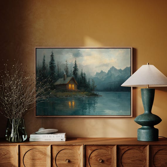 Rustic Cabin By A Tranquil Lake Peaceful Mountain Forest Landscape Wall Art For Cozy Home Decor