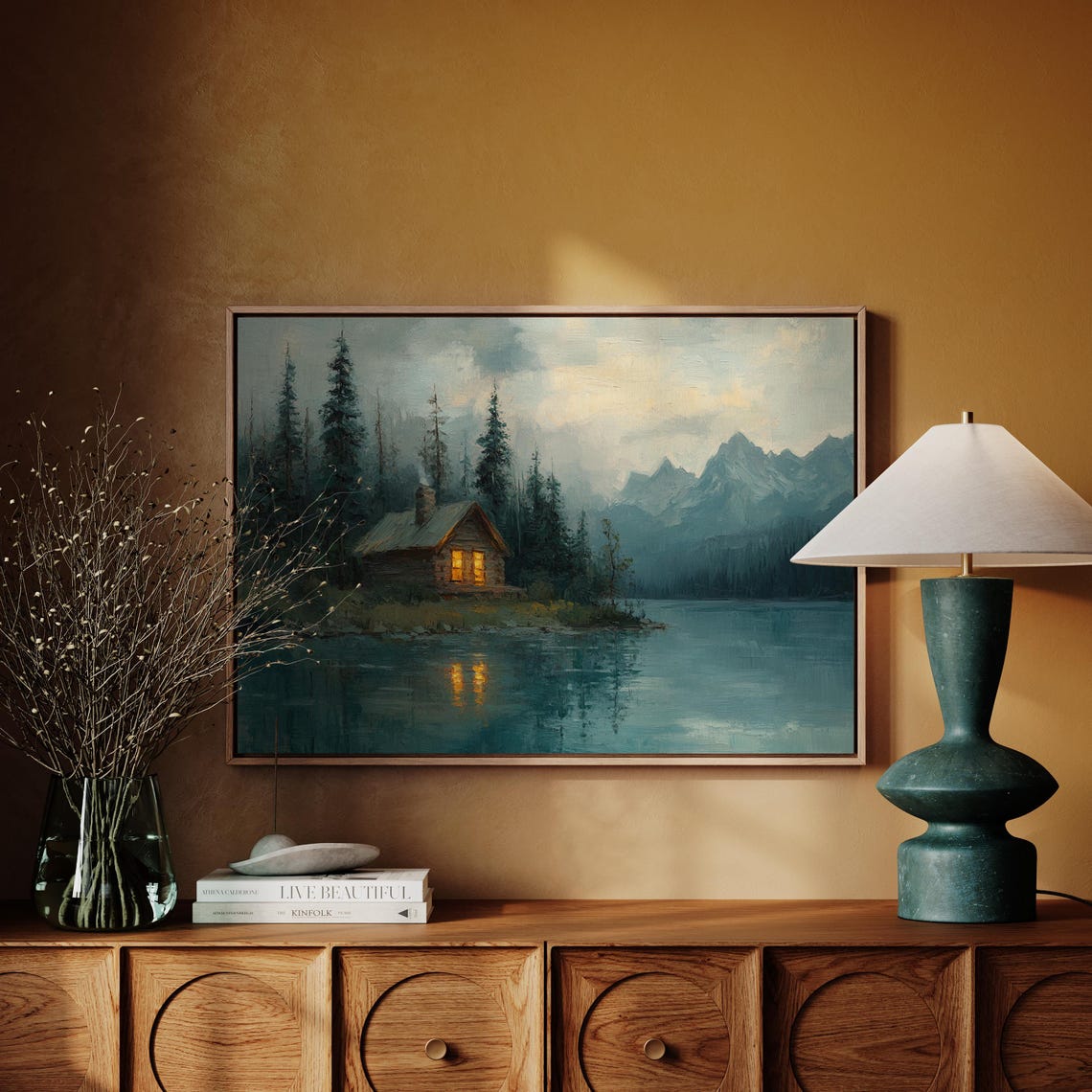 Cozy Lakeside Cabin Dusk Glowing Windows Tranquil Lake Poster