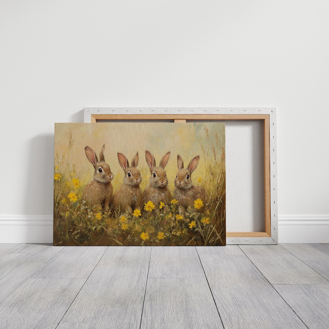 Adorable Rabbits In Meadow, Rustic Spring Art - Image 3