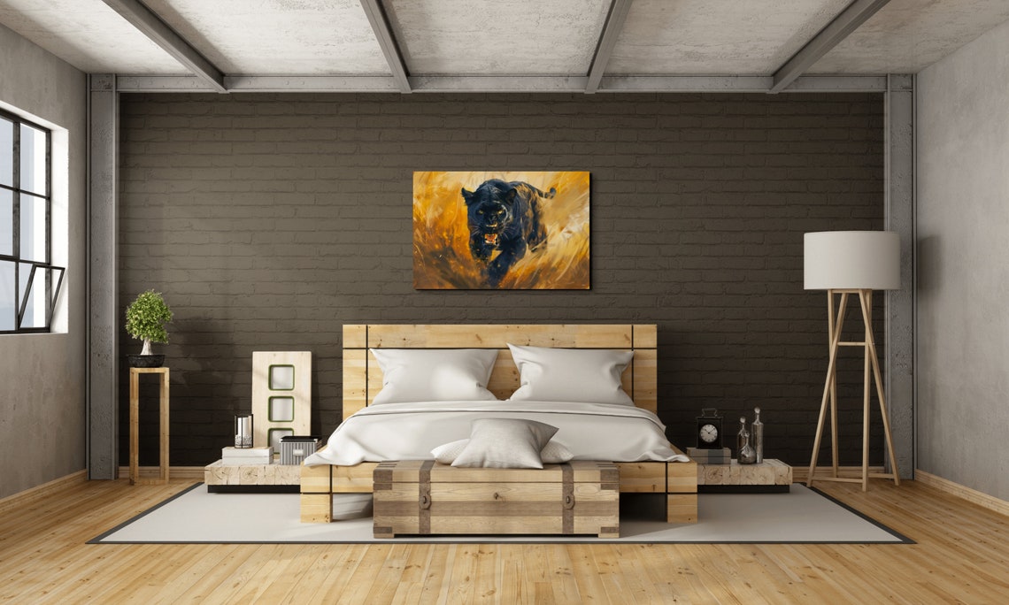 Lunging Black Panther in Golden Light Bold Wildlife Art Poster - Image 4