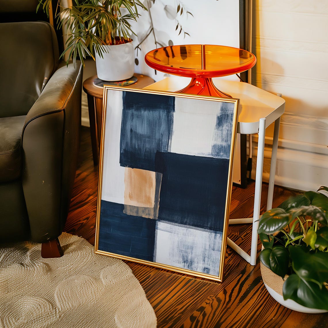 Navy Blue Tan Geometric Abstract Brushstroke Modern Art Poster