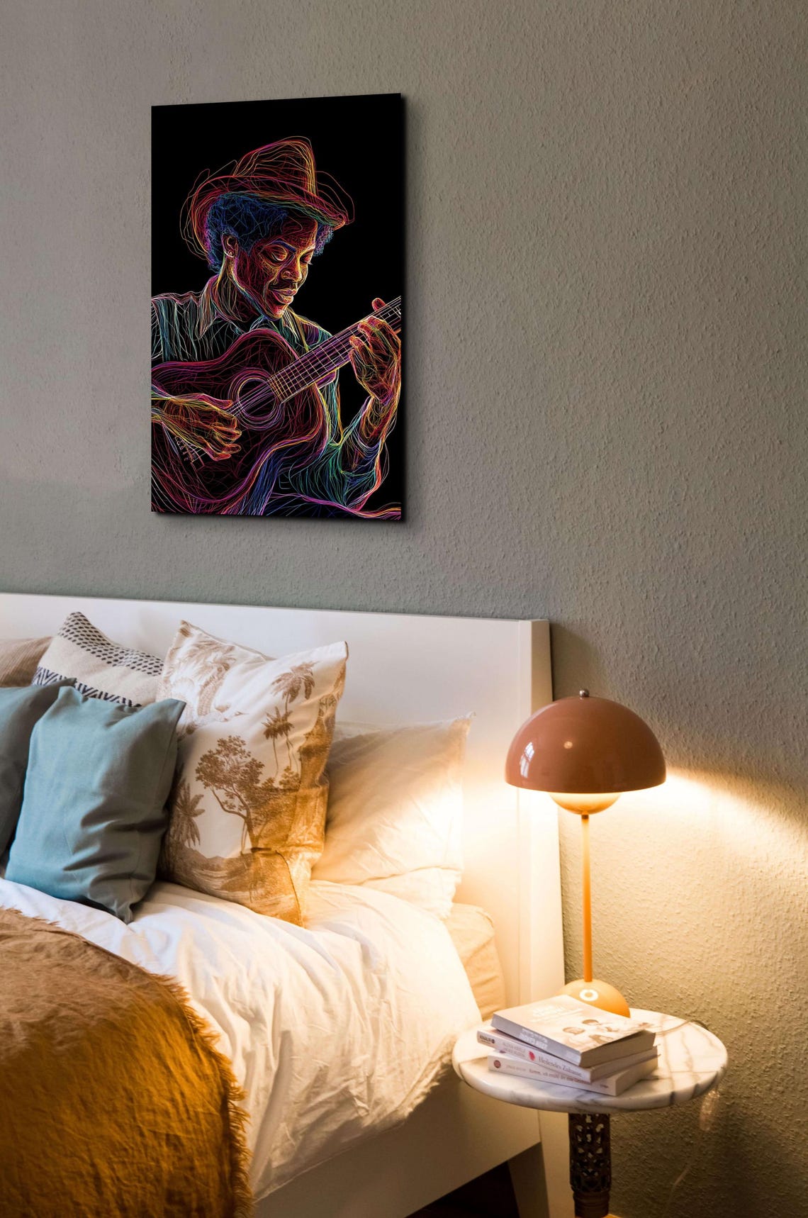Neon Line Art Guitarist in Hat Colorful Music Room Wall Poster - Image 5