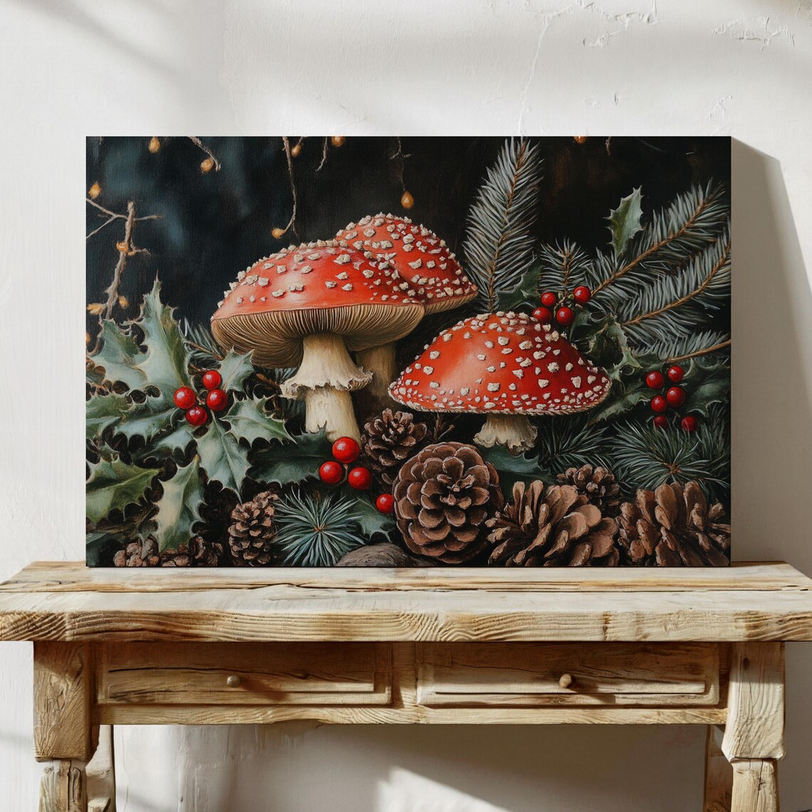Red Amanita Mushrooms With Holly Pinecones Woodland Holiday Poster - Image 6