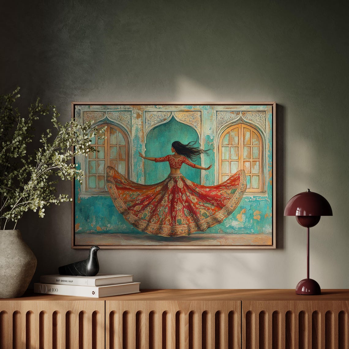 Indian Dancer Red Lehenga Twirl Turquoise Palace Backdrop Poster