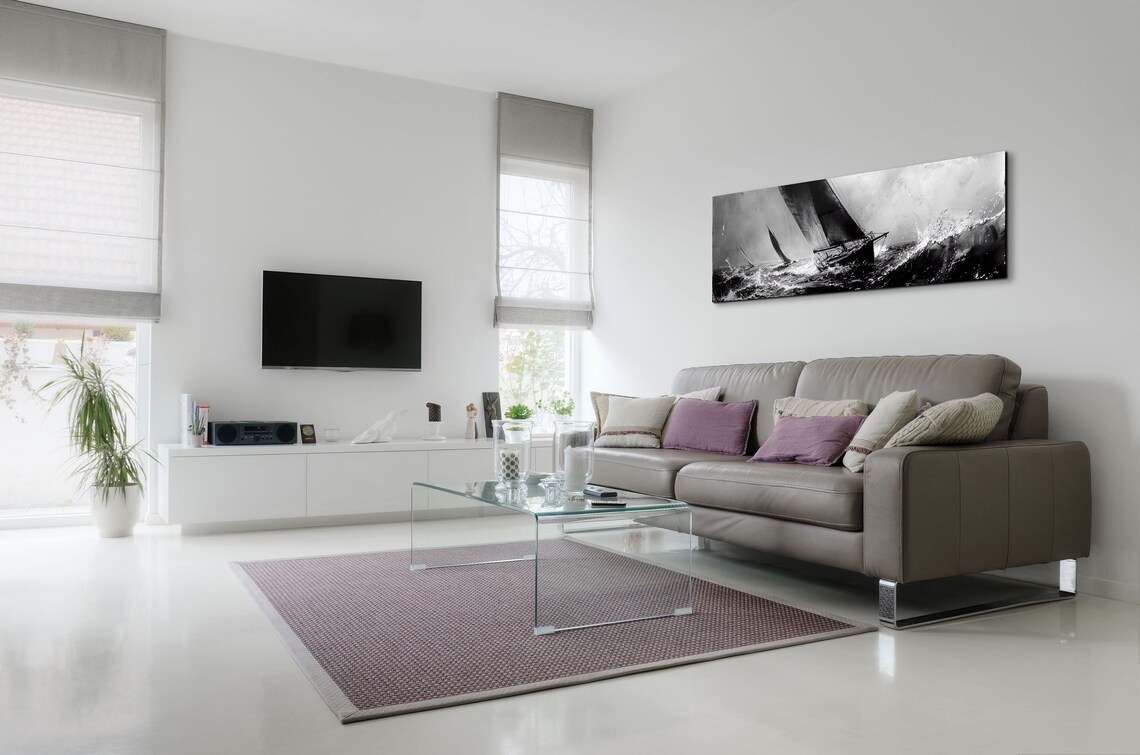 Sailboats Racing Stormy Sea Black White Dramatic Marine Panoramic Wall Art - Image 6