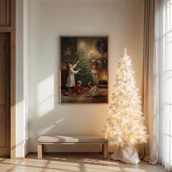 Children Decorating Christmas Tree Fireplace Vintage Holiday Art Poster