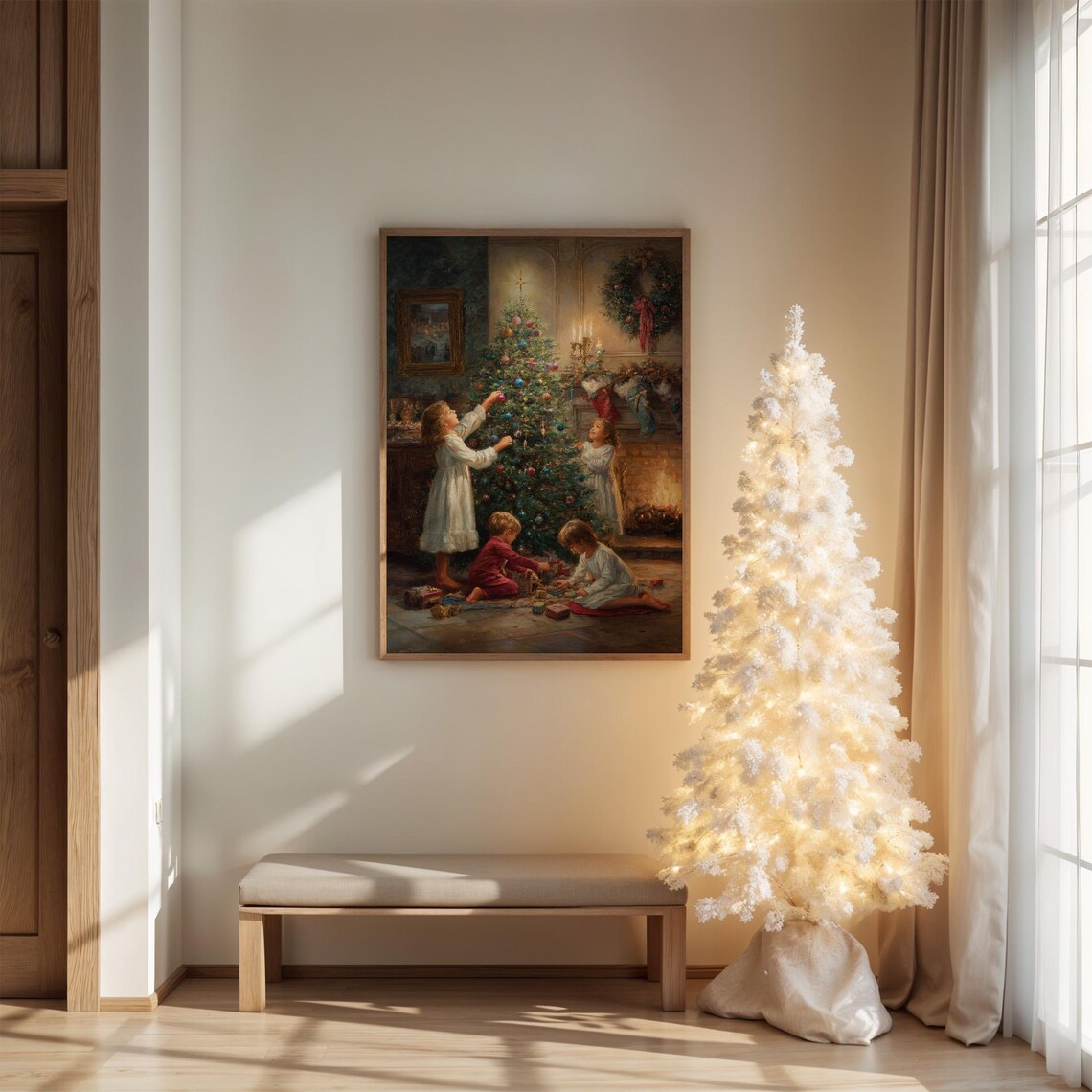 Children Decorating Christmas Tree Fireplace Vintage Holiday Art Poster