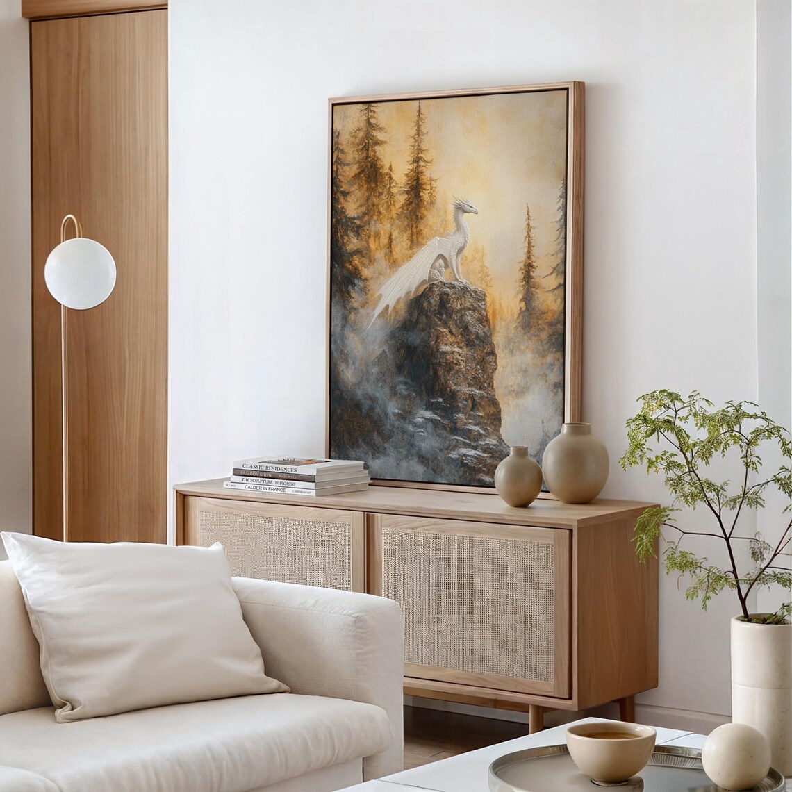 Majestic White Dragon Overlooking Misty Forest Wall Art For Fantasy Decor - Image 2