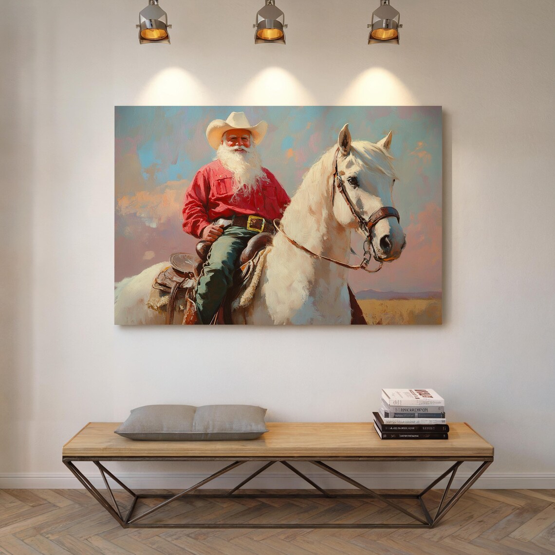 Cowboy Santa On White Horse Vintage Christmas Western Art Poster - Image 5