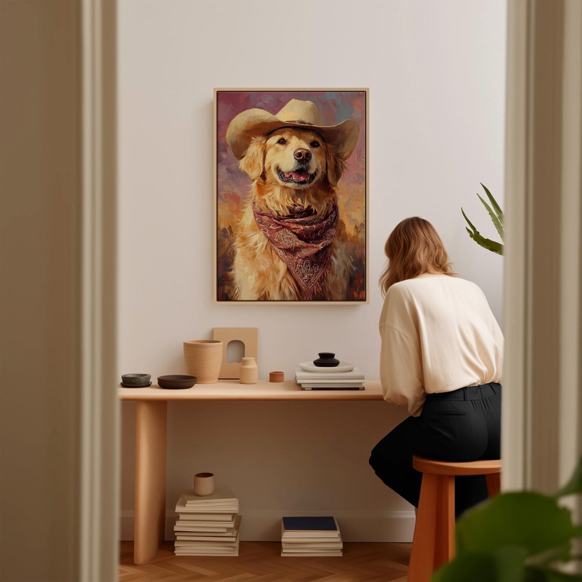 Golden Retriever Cowboy Western Dog Wall Art Rustic Farmhouse Pet Portrait Funny Country Dog Painting Rodeo Decor Print - Image 2