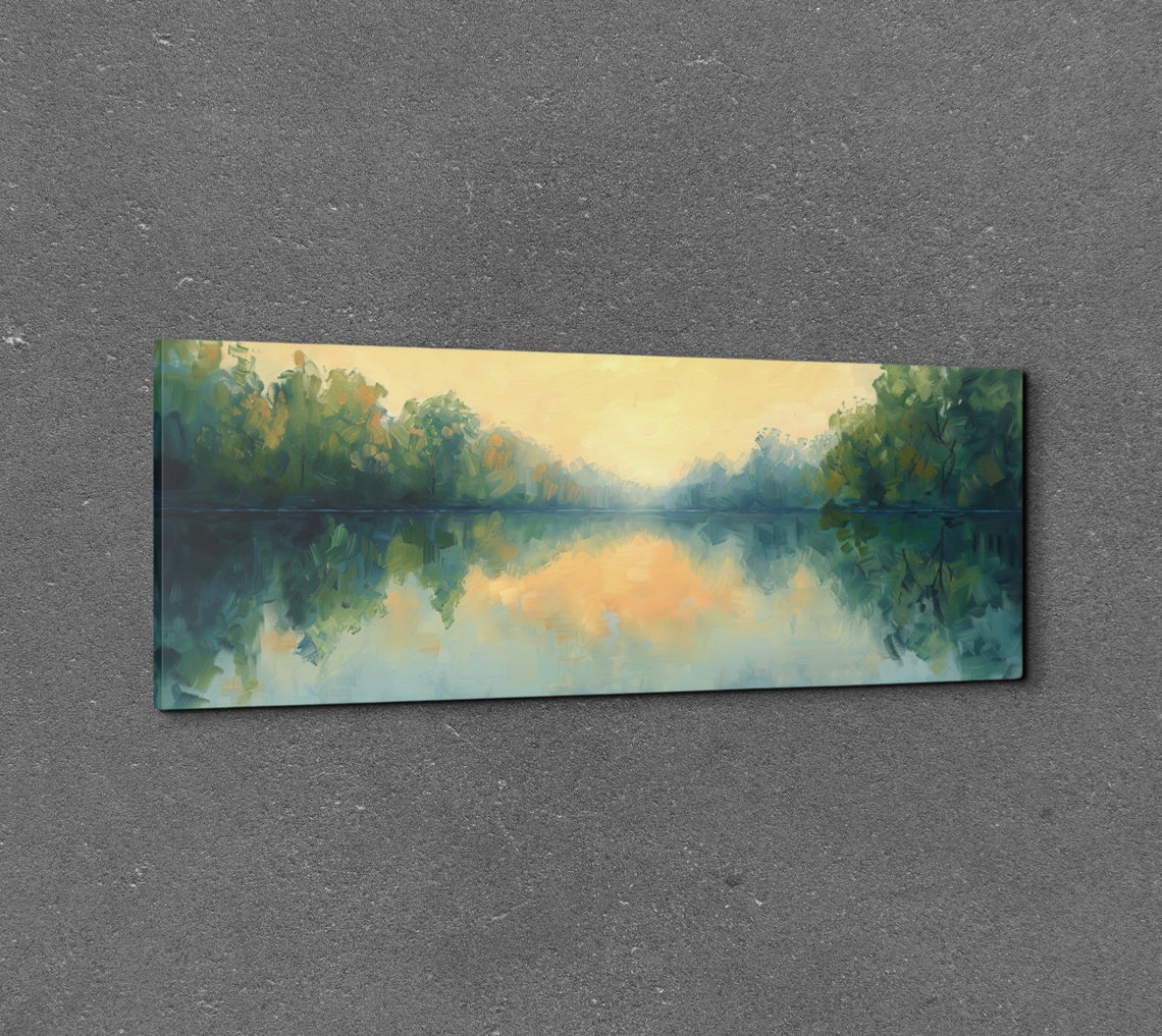 Serene Sunrise Over Still Lake Soft Green Gold Impressionist Poster - Image 3