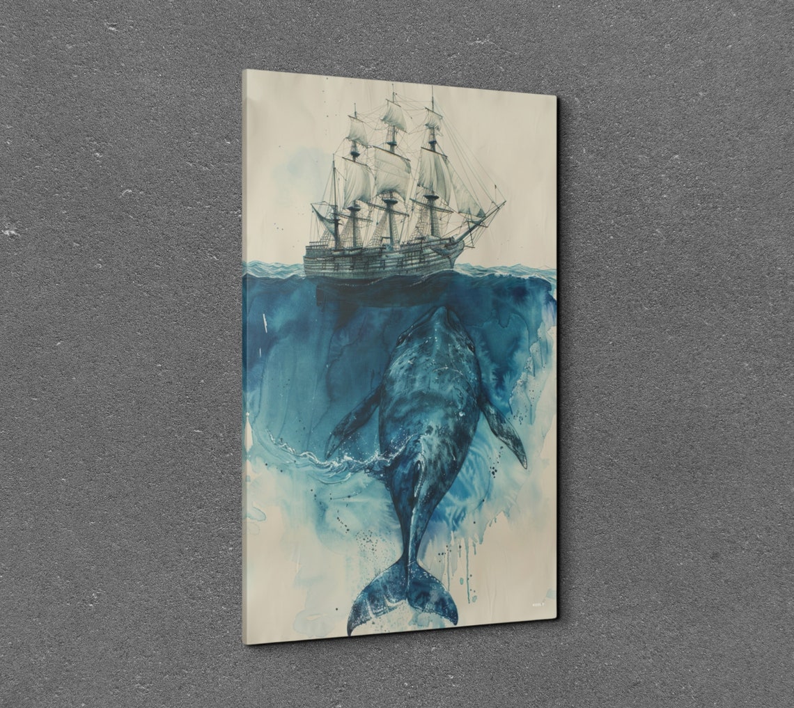 Whale Swimming Under Tall Ship Deep Blue Ocean Watercolor Poster - Image 3
