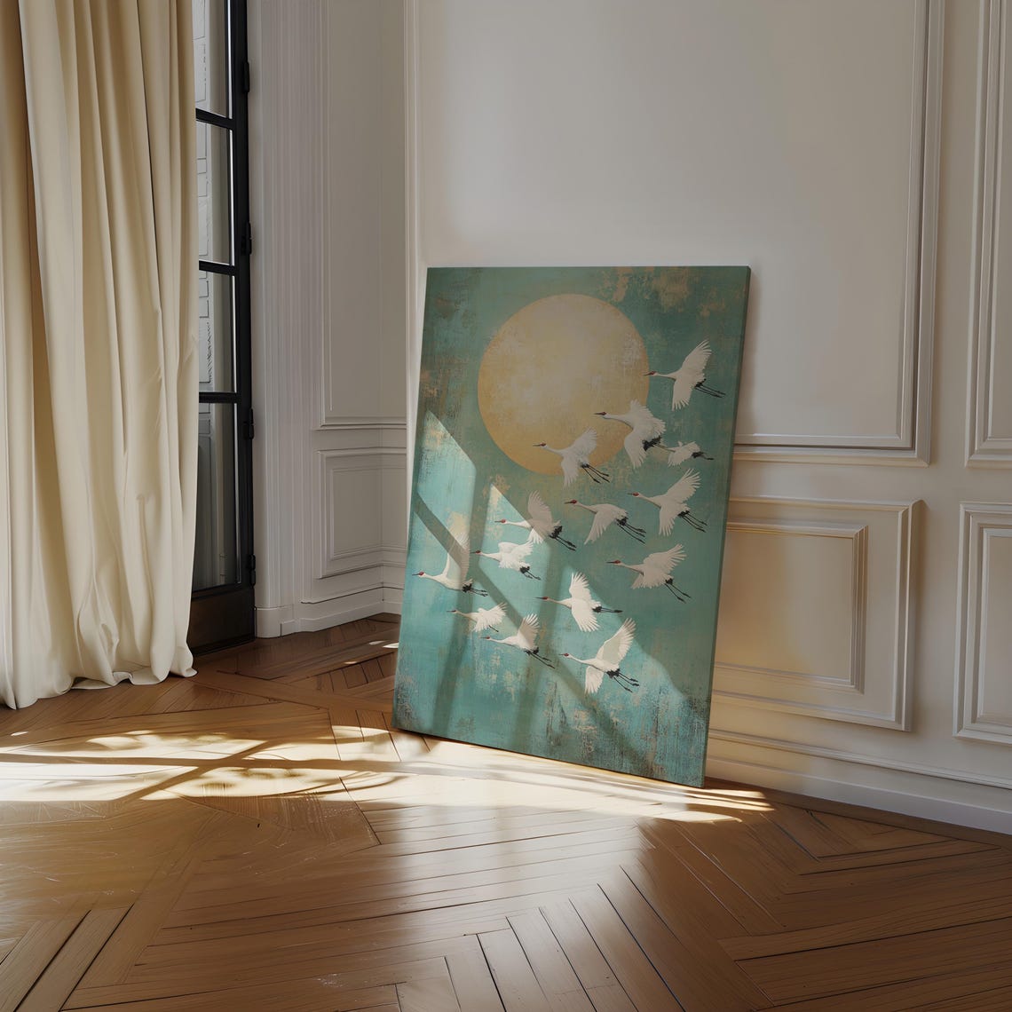 Flock of White Cranes Flying Across a Golden Sun Teal Sky Poster - Image 4