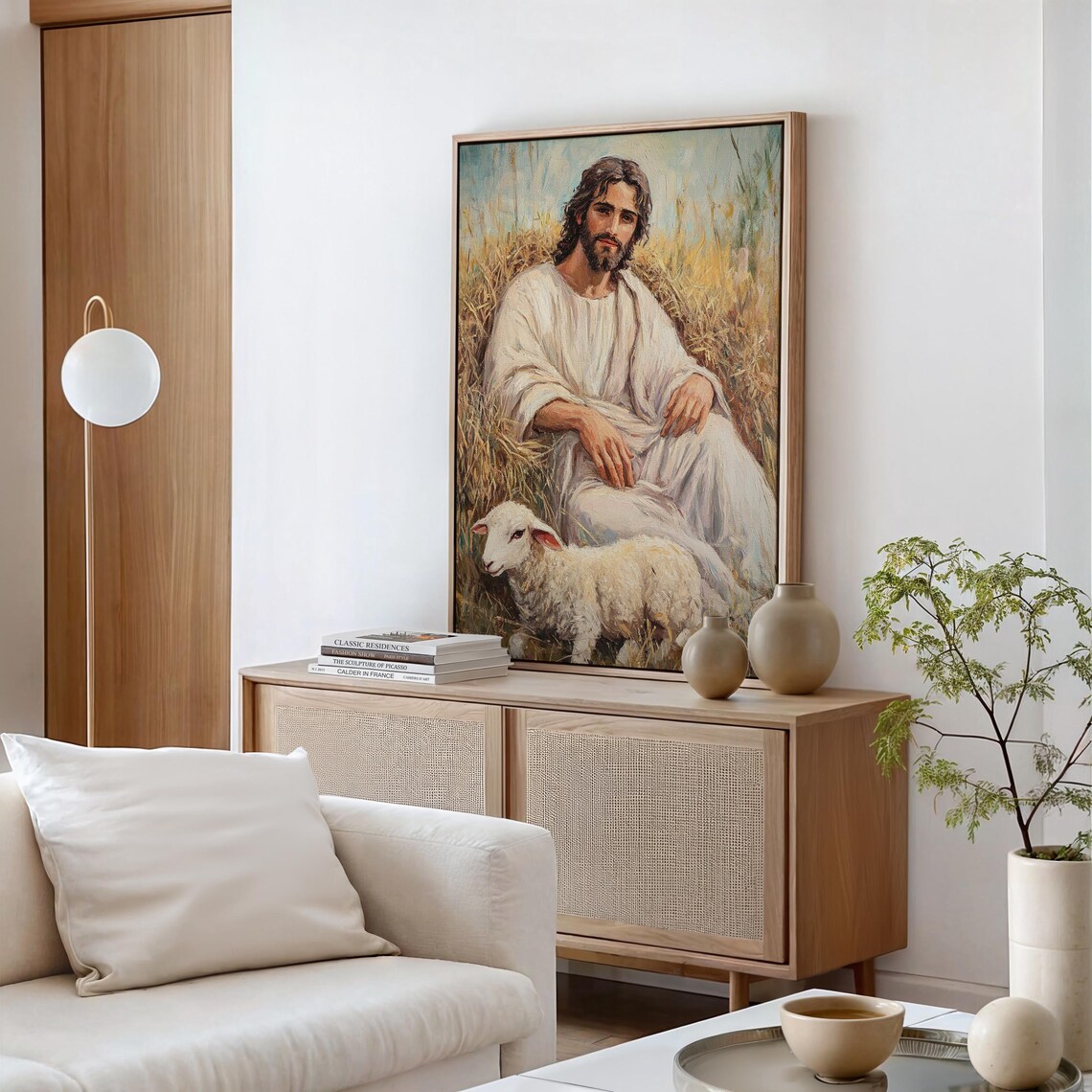 Jesus Seated With a Lamb in a Peaceful Golden Pasture Painting Poster - Image 5
