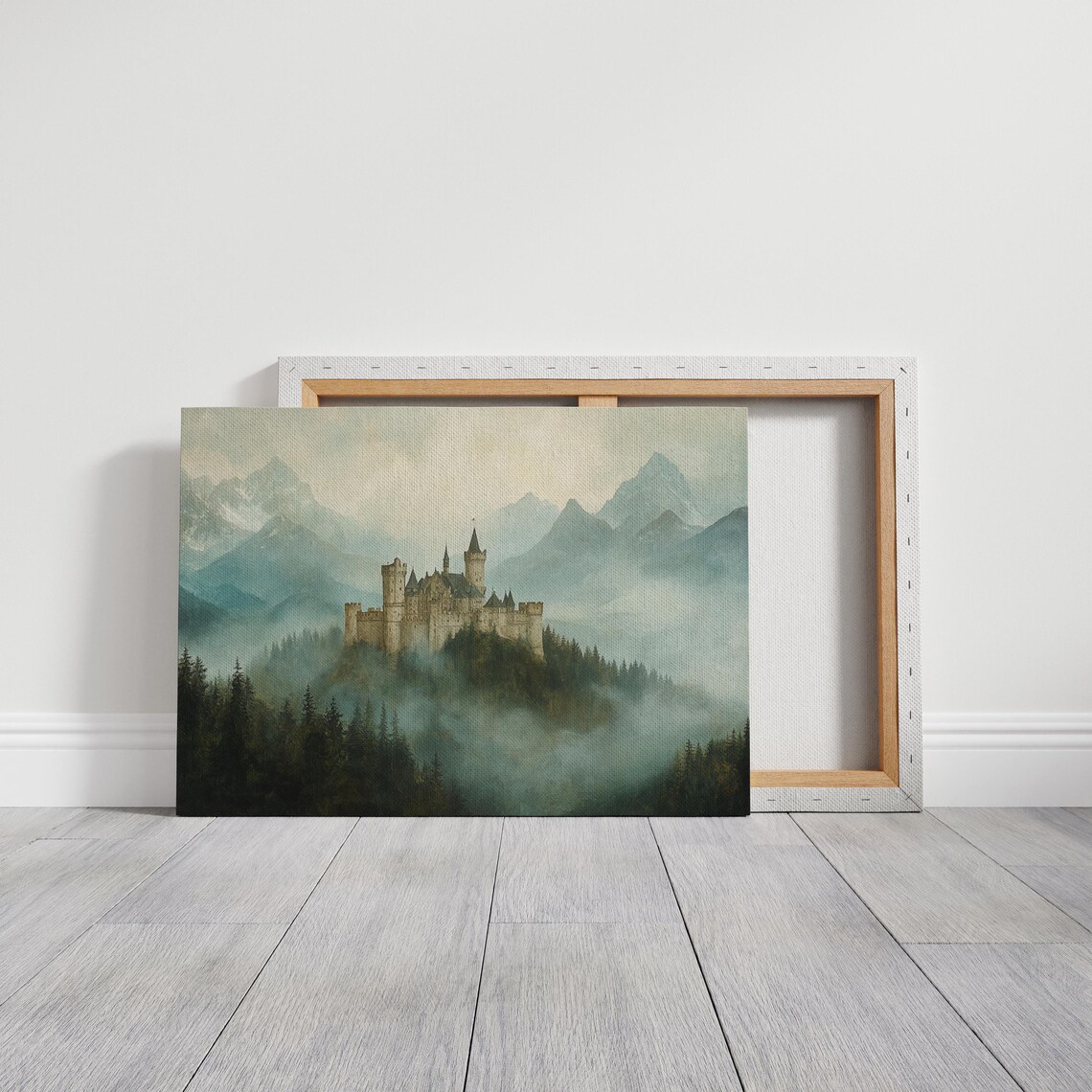 Medieval Castle on a Misty Hilltop with Alpine Peaks Fantasy Poster - Image 3