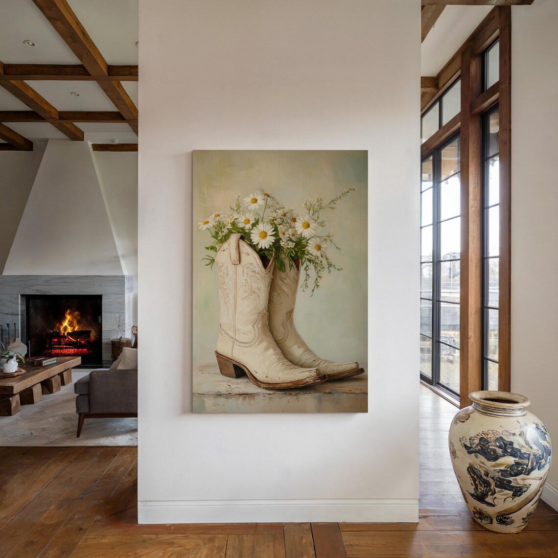 Pair Of Vintage White Cowboy Boots Filled With Daisies Painting Poster - Image 5