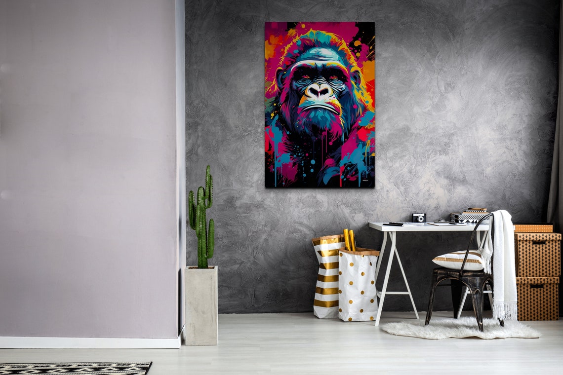 Gorilla Portrait Neon Pop Art Colorful Paint Splatter Poster - Image 3