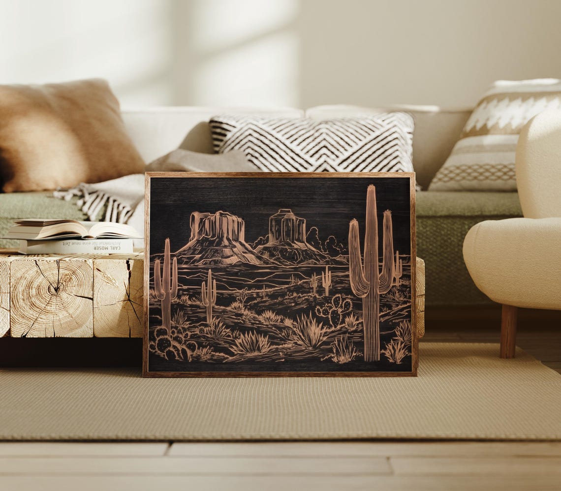 Desert Saguaro Cactus Buttes Night Line Art Landscape Poster