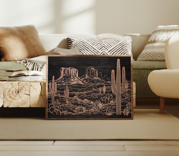 Desert Saguaro Cactus Buttes Night Line Art Landscape Poster