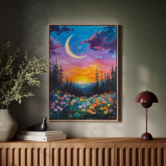 Crescent Moon Wildflower Forest Sunset Night Sky Vibrant Poster