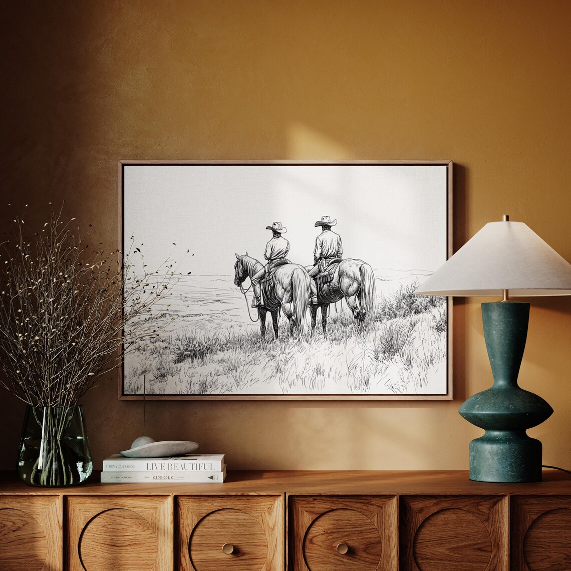 Cowboys On Horseback Grassland Sketch Black Ink Western Art Print - Image 4