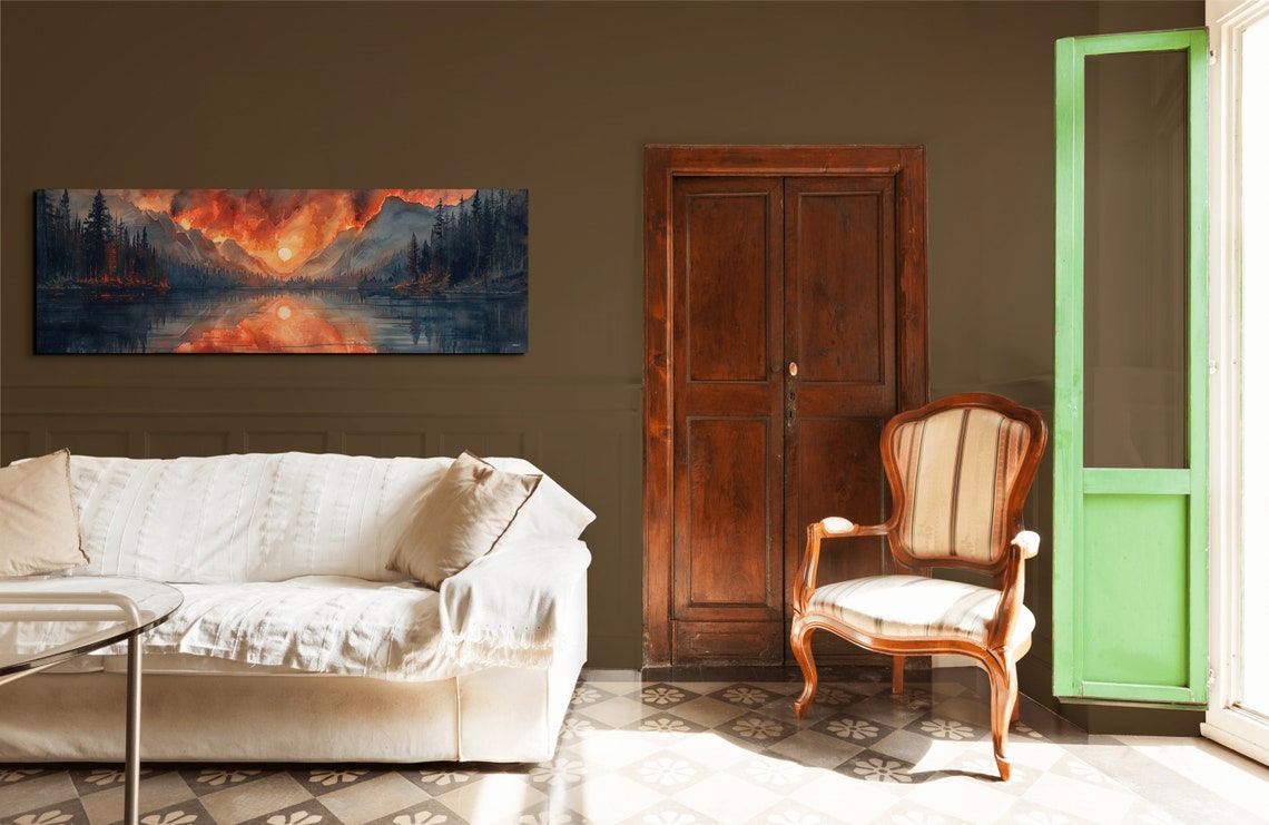 Panoramic Watercolor Fiery Sunset Mountain Lake Landscape Wall Art - Image 7