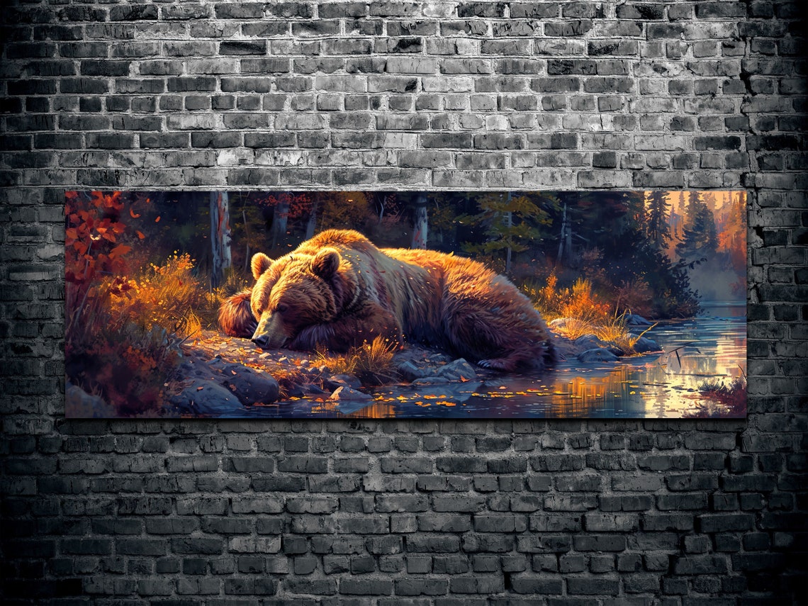 Sleeping Brown Bear by Autumn River in Golden Light Wall Art - Image 2